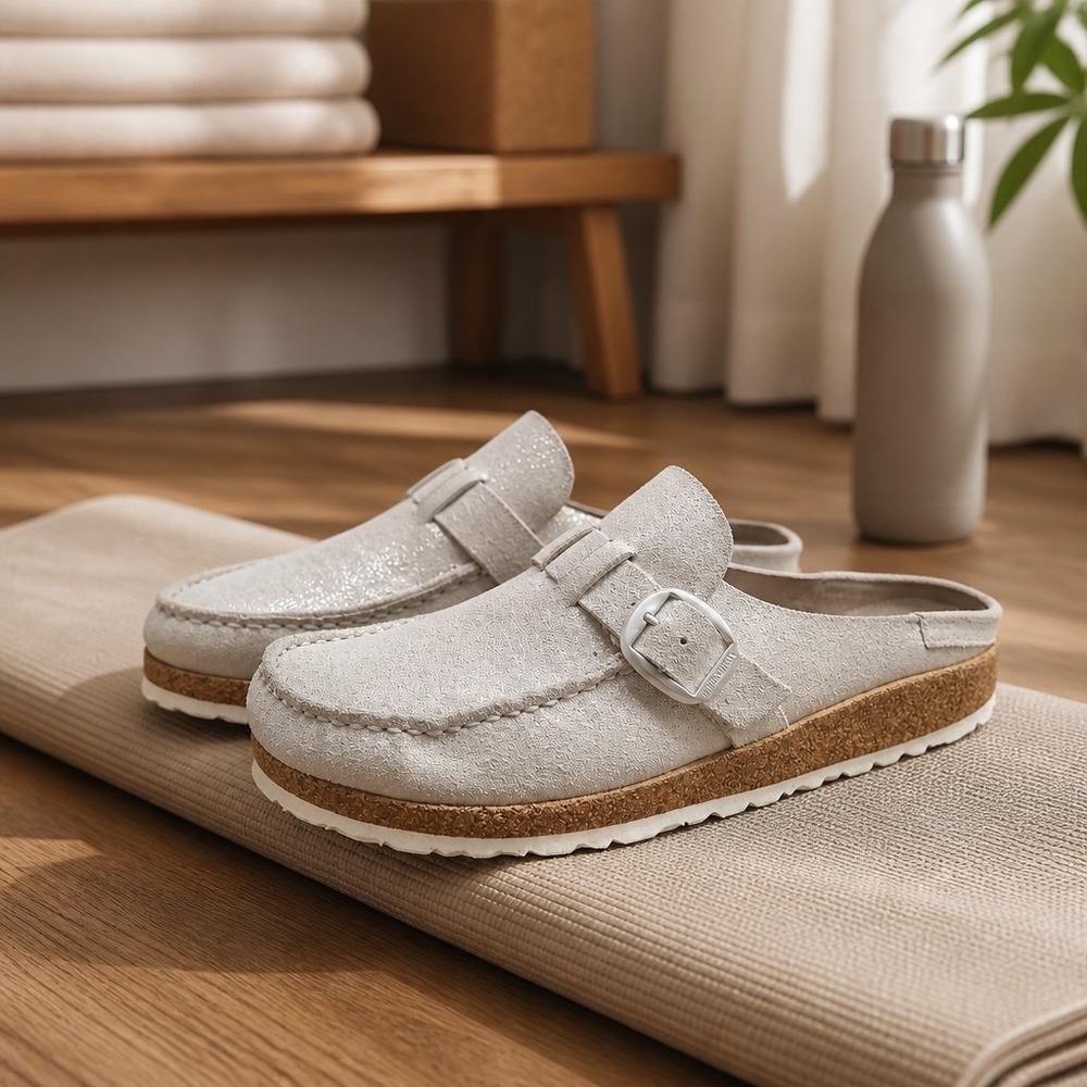 Birkenstock Light Gray Suede Clog Mules with Cork Midsole